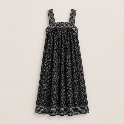 Voralia – Abito Lungo Folk a Fiori in Cotone Black