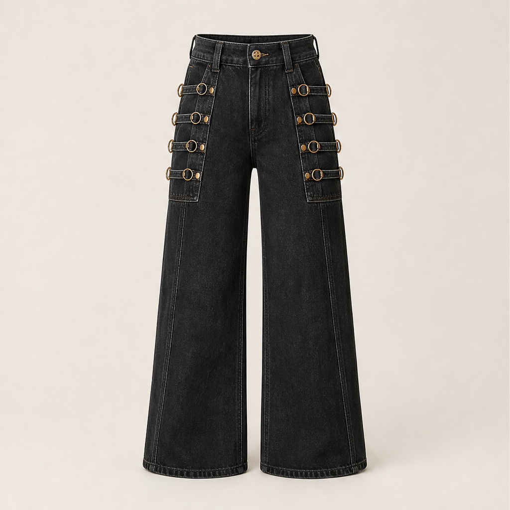 Vaquelia – Jeans a Vita Alta Gamba Larga con Fibbia Black
