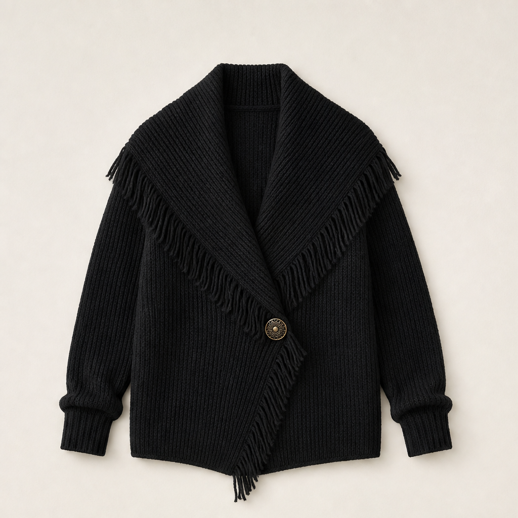 Fransetta – Cardigan in Maglia con Frange e Scialle Black