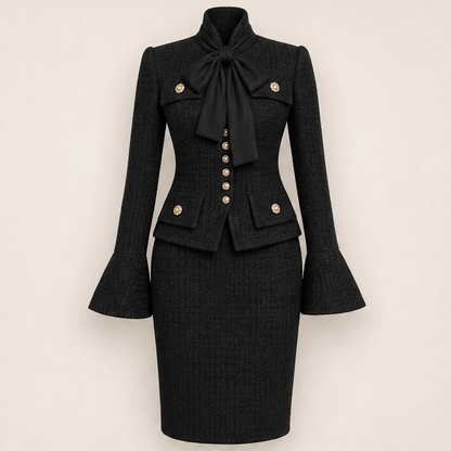 Vellorna – Completo Tweed Fiocco Giacca e Gonna a Matita Black