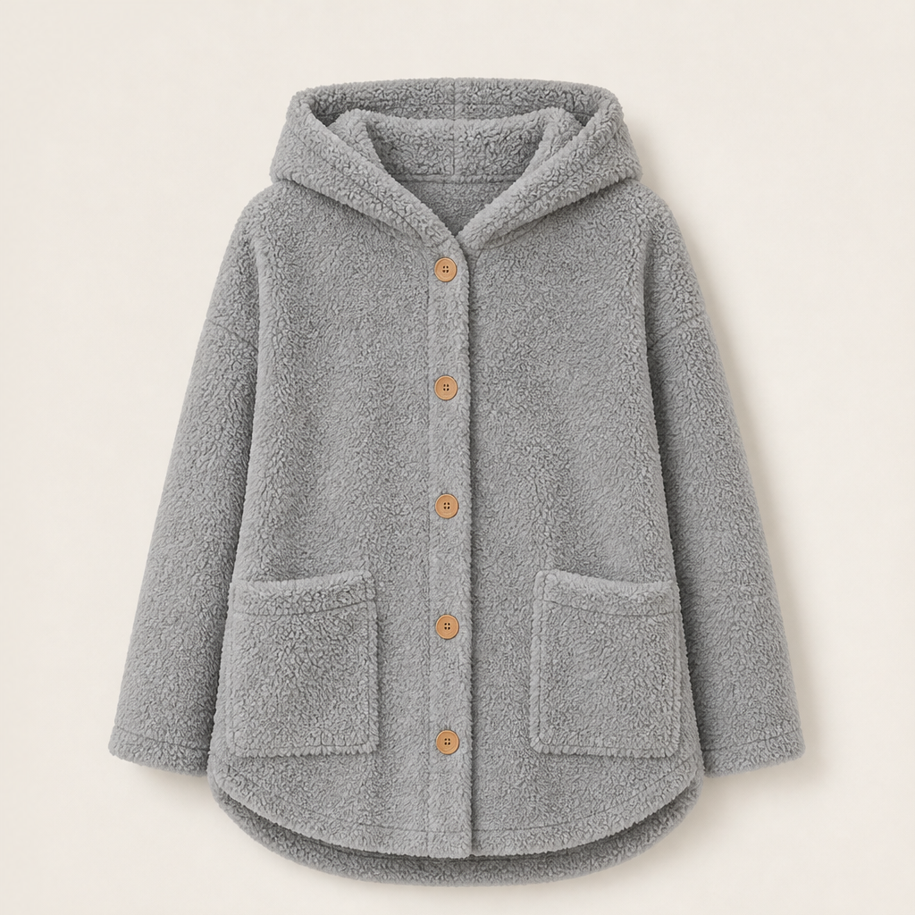 Orsetta – Giacca Lunga in Pile Teddy con Cappuccio Grey