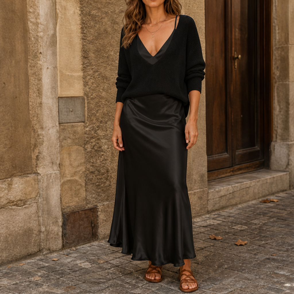 Marlivo – Maglione e Abito Lungo in Raso, Set Due Pezzi Black