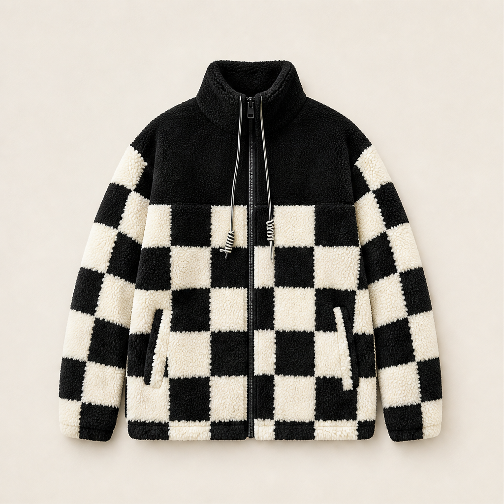 Melany – Giacca in Pile a Quadri con Cappuccio Black