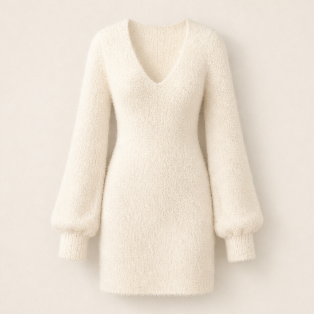 Morbiella – Minivestito in Maglia Fluffy Scollo a V Beige