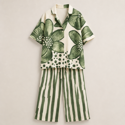 Completo Due Pezzi con Stampa Floreale Verde | Top a Maniche Corte e Pantaloni a Gamba Larga da Donna – Vestibilità Morbida