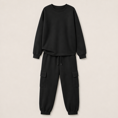 Varonne – Completo Felpa Girocollo e Pantaloni Cargo Black