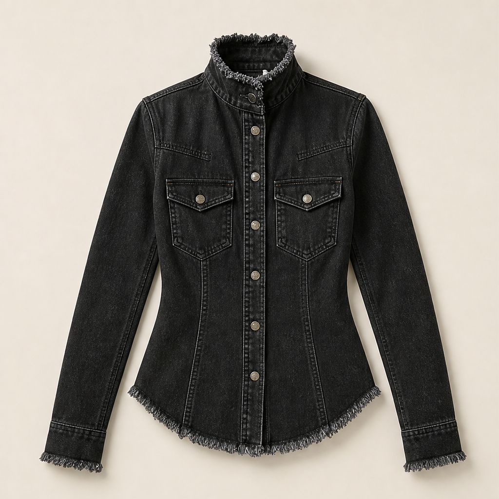 Verlana – Camicia in Denim Aderente con Colletto Rialzato Black