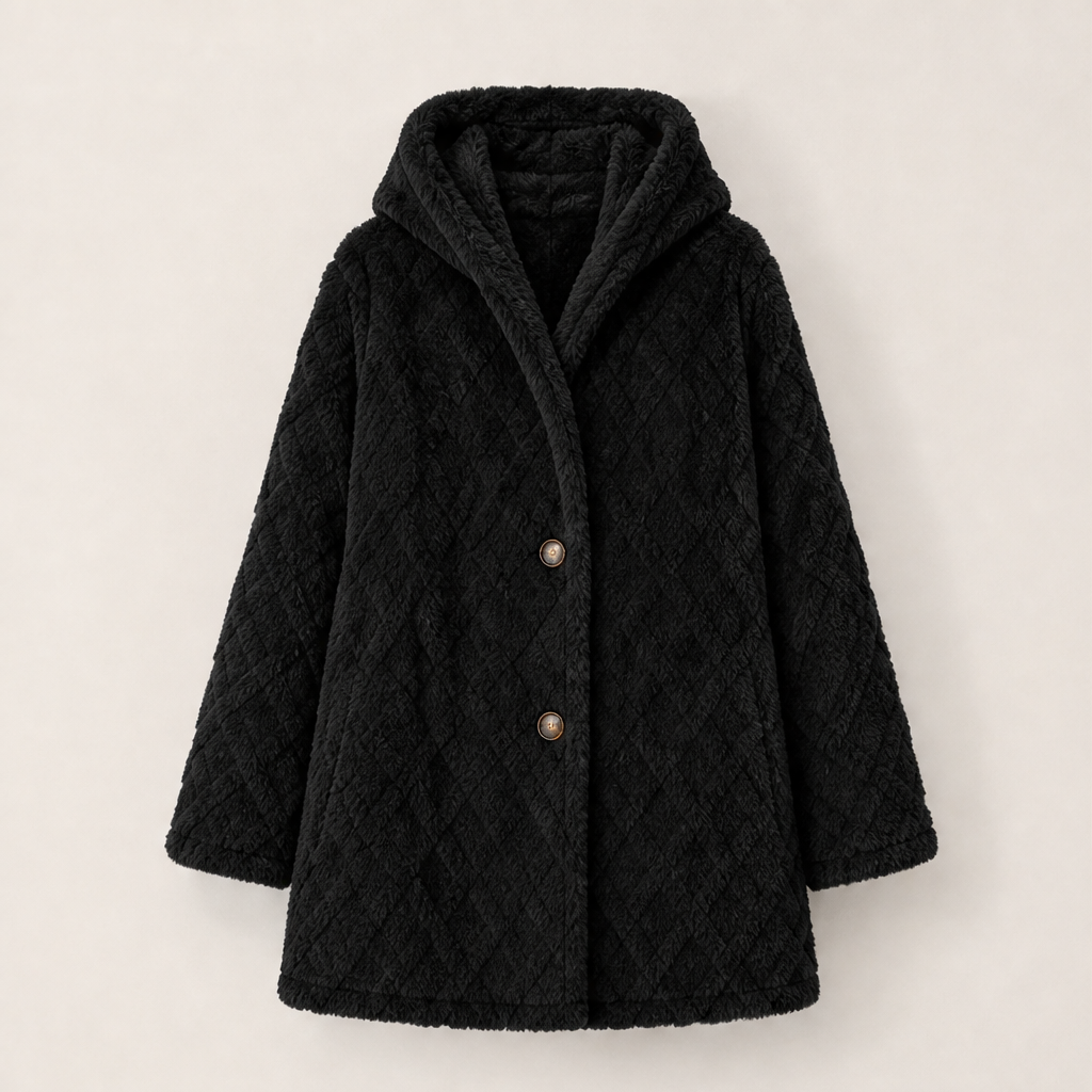 Velania – Giacca Peluche con Cappuccio Motivo a Rombi Black
