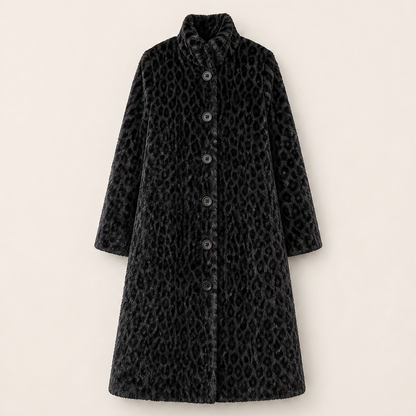 Velmara – Cappotto Leopardato Collo Alto in Eco-Pelliccia Black