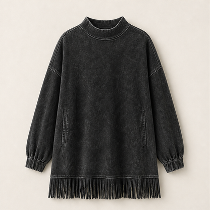 Varonne – Abito Dolcevita Effetto Denim con Frange Black