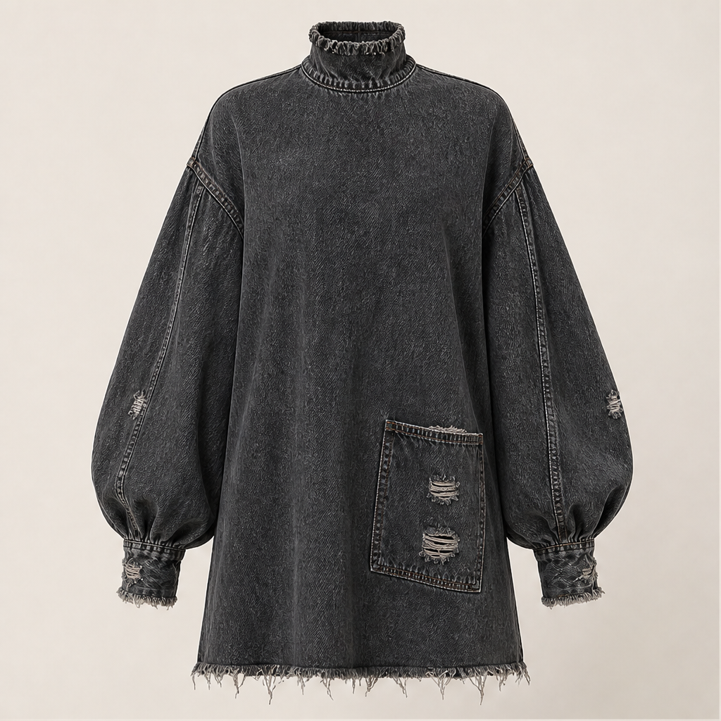 Varonne – Minivestito Oversize in Denim Collo Alto Black