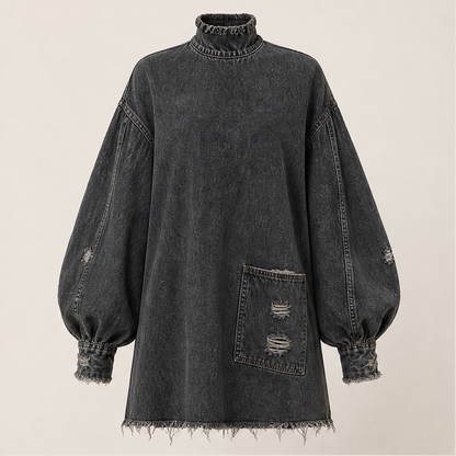 Varonne – Minivestito Oversize in Denim Collo Alto Black