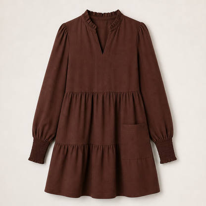 Varonne – Vestito Mini a Balze con Maniche Smock Brown
