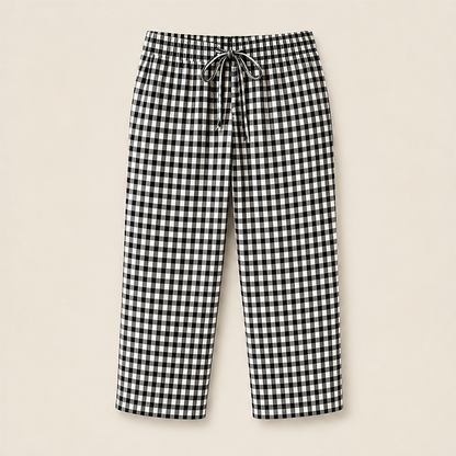 Gingley Pantaloni Capri Donna in Cotone e Lino a Quadretti Vichy con Tasche - Pantaloni Estivi con Vita Elastica e Coulisse Vichy Nero