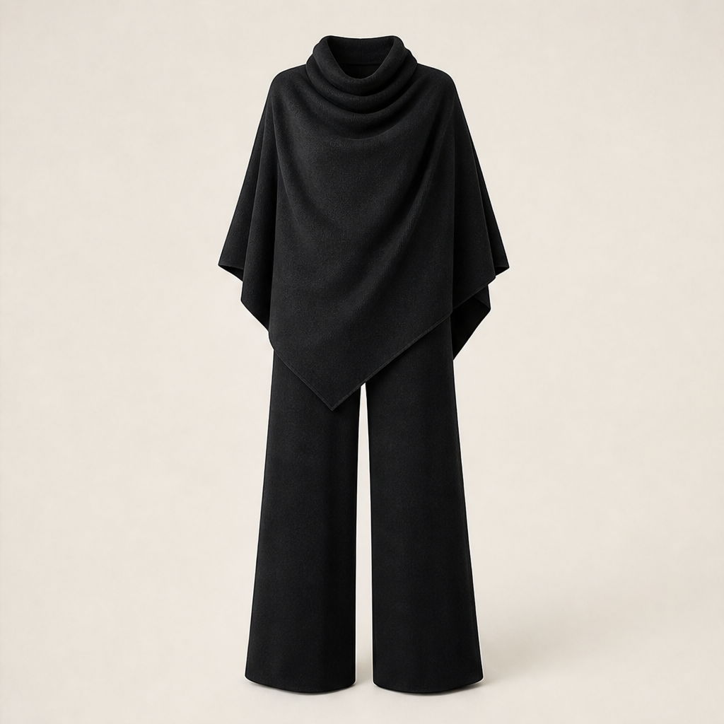Voliana – Completo Mantella Collo Alto e Pantaloni Palazzo Black