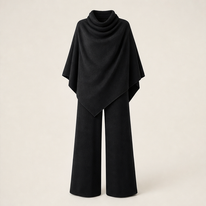 Voliana – Completo Mantella Collo Alto e Pantaloni Palazzo Black
