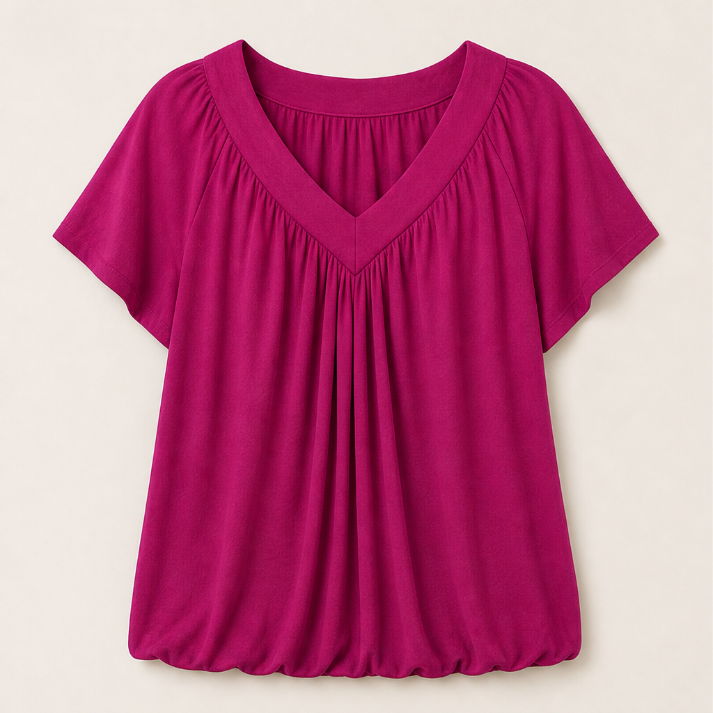 Velmora – Top Plissé Scollo a V Maniche Corte Fuchsia