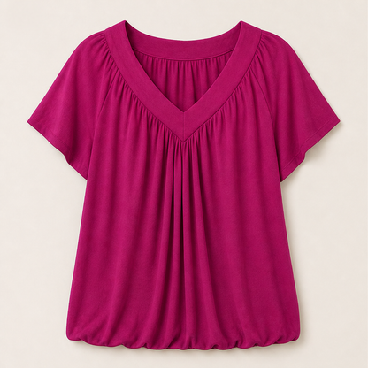 Velmora – Top Plissé Scollo a V Maniche Corte Fuchsia