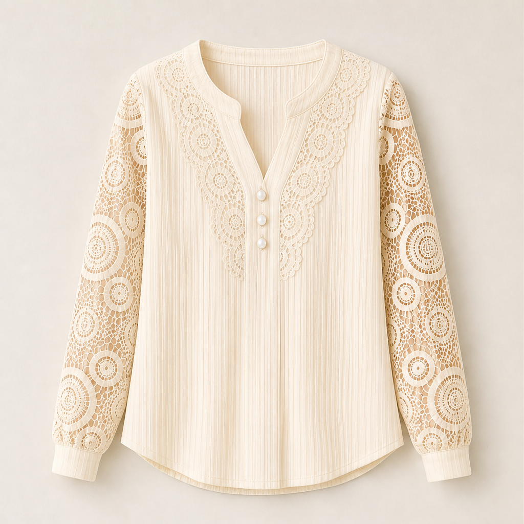 Lorenza – Blusa in Pizzo Patchwork Scollo a V Beige