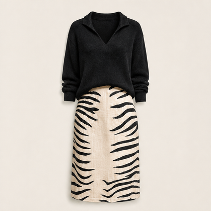 Zebrina – Maglia a Collo e Gonna Midi Zebrata Black