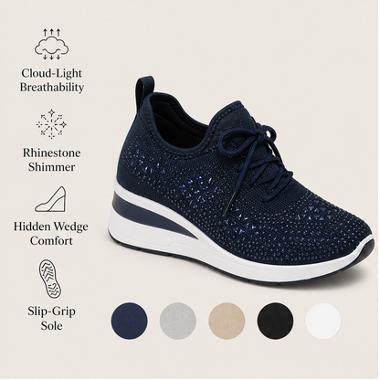 Sneakers Blu Navy in Mesh con Strass | Scarpe con Zeppa e Dettagli Brillanti – Traspiranti con Lacci