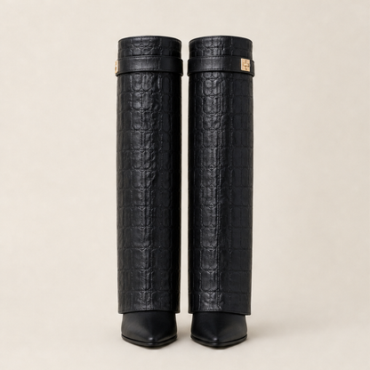 Coccara – Stivali Alti in Pelle Effetto Coccodrillo Black