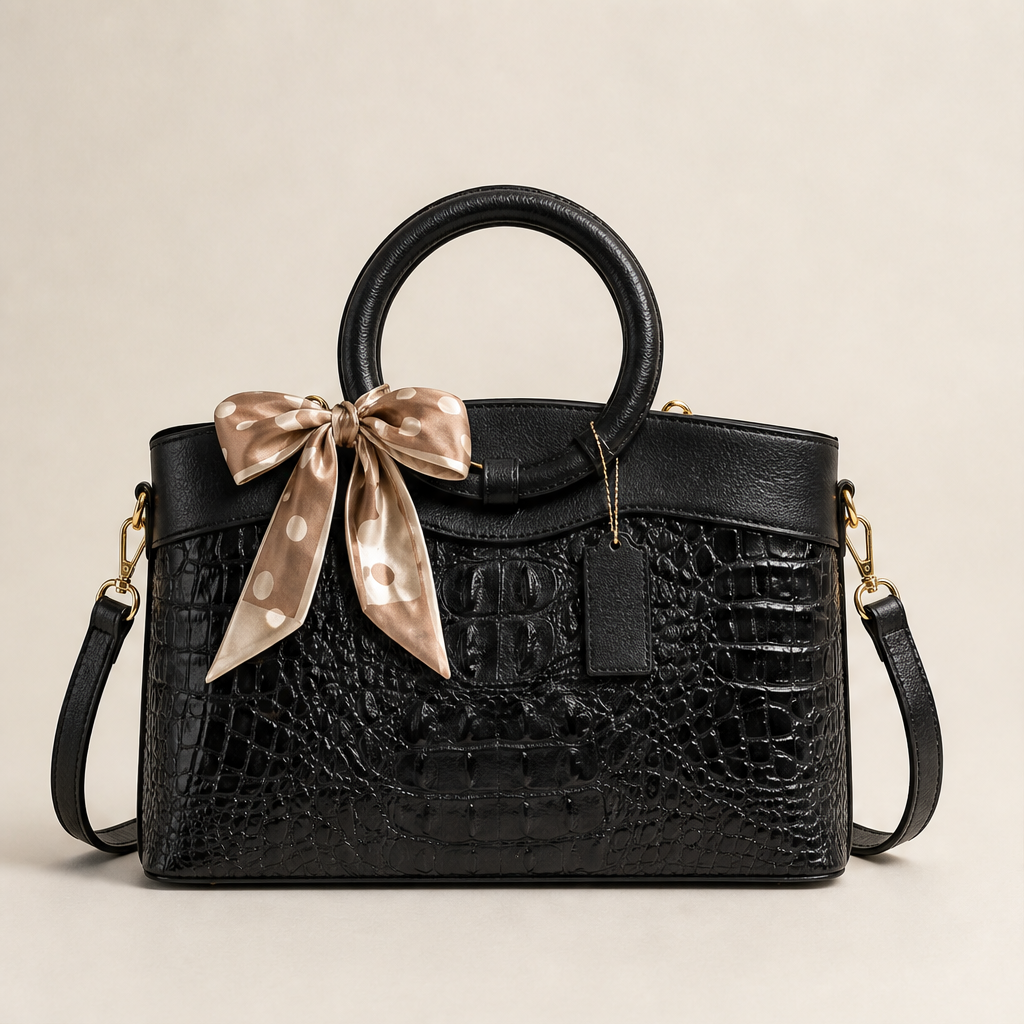 Ladrienne – Borsa in Pelle Effetto Coccodrillo con Manico ad Anello Black