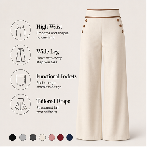 Pantaloni a Vita Alta Gamba Larga | Eleganti Palazzo con Bottoni - Bordo a Contrasto in Ecopelle features