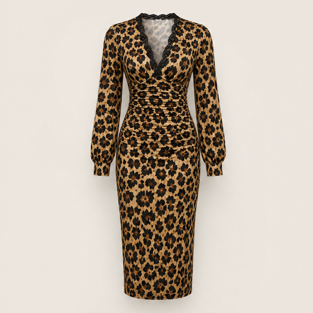 Velmara – Abito Midi Leopardato con Pizzo Leopard