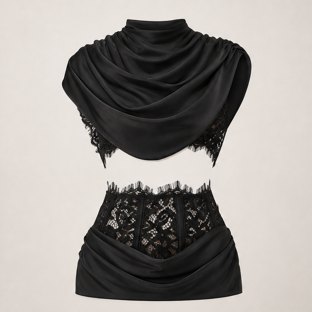 Novarra – Top a Mantella in Raso con Pizzo Black