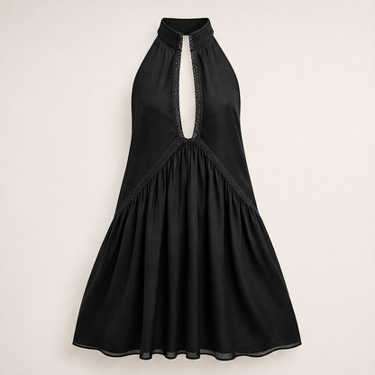 Marigold Miniabito Donna Senza Maniche con Scollo a V Profondo e Bordo in Pizzo - Abito Estivo Fluido con Collo all'Americana Nero