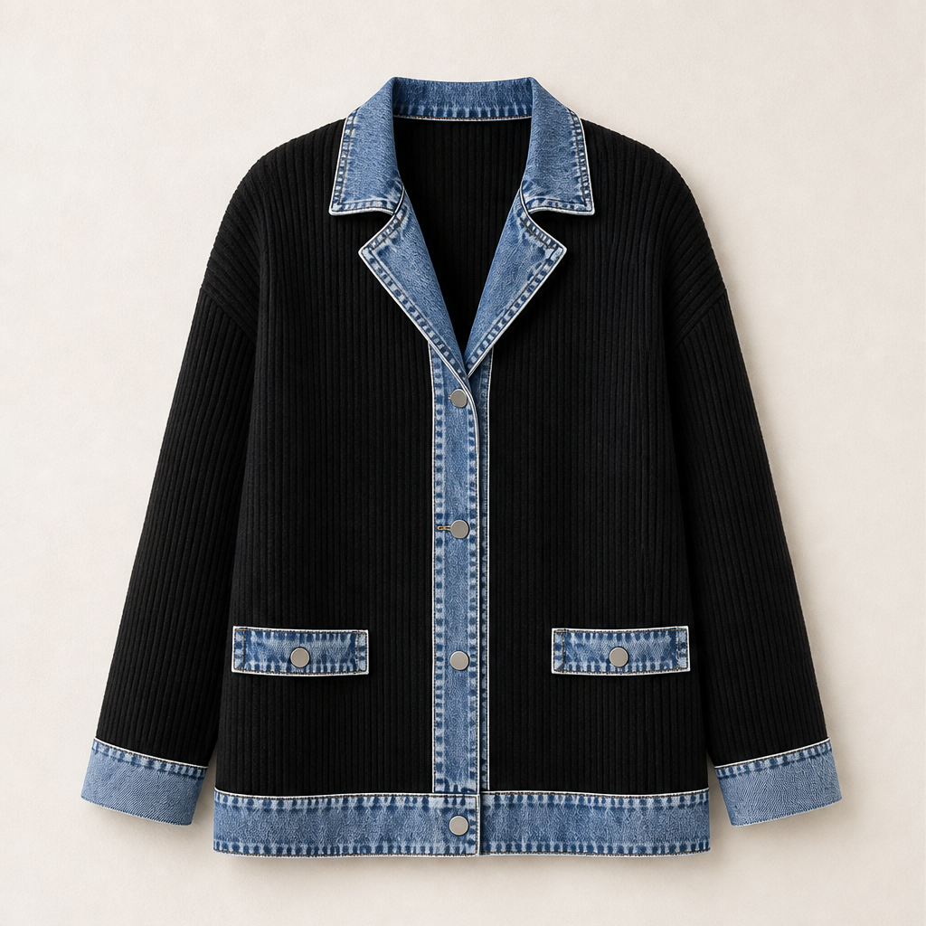 Venzola – Cardigan in Maglia con Colletto in Denim Black