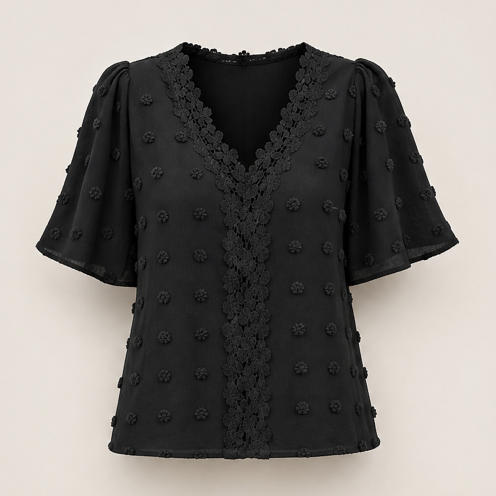 Farolina – Blusa Plumetis con Maniche a Farfalla in Pizzo Black