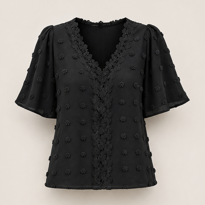 Farolina – Blusa Plumetis con Maniche a Farfalla in Pizzo Black