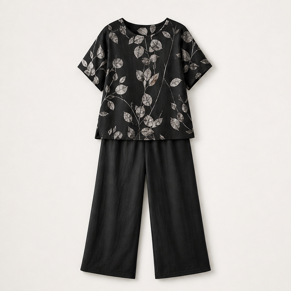 Lior Women's Botanical Print Top & Relaxed Fit Trousers Set - Elegant Two-Piece Loungewear Co-ord Black
