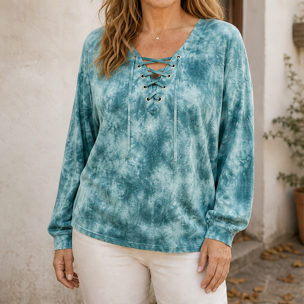 Velmara – Top Tie-Dye con Allacciatura a V Teal