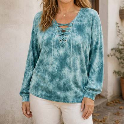 Velmara – Top Tie-Dye con Allacciatura a V Teal