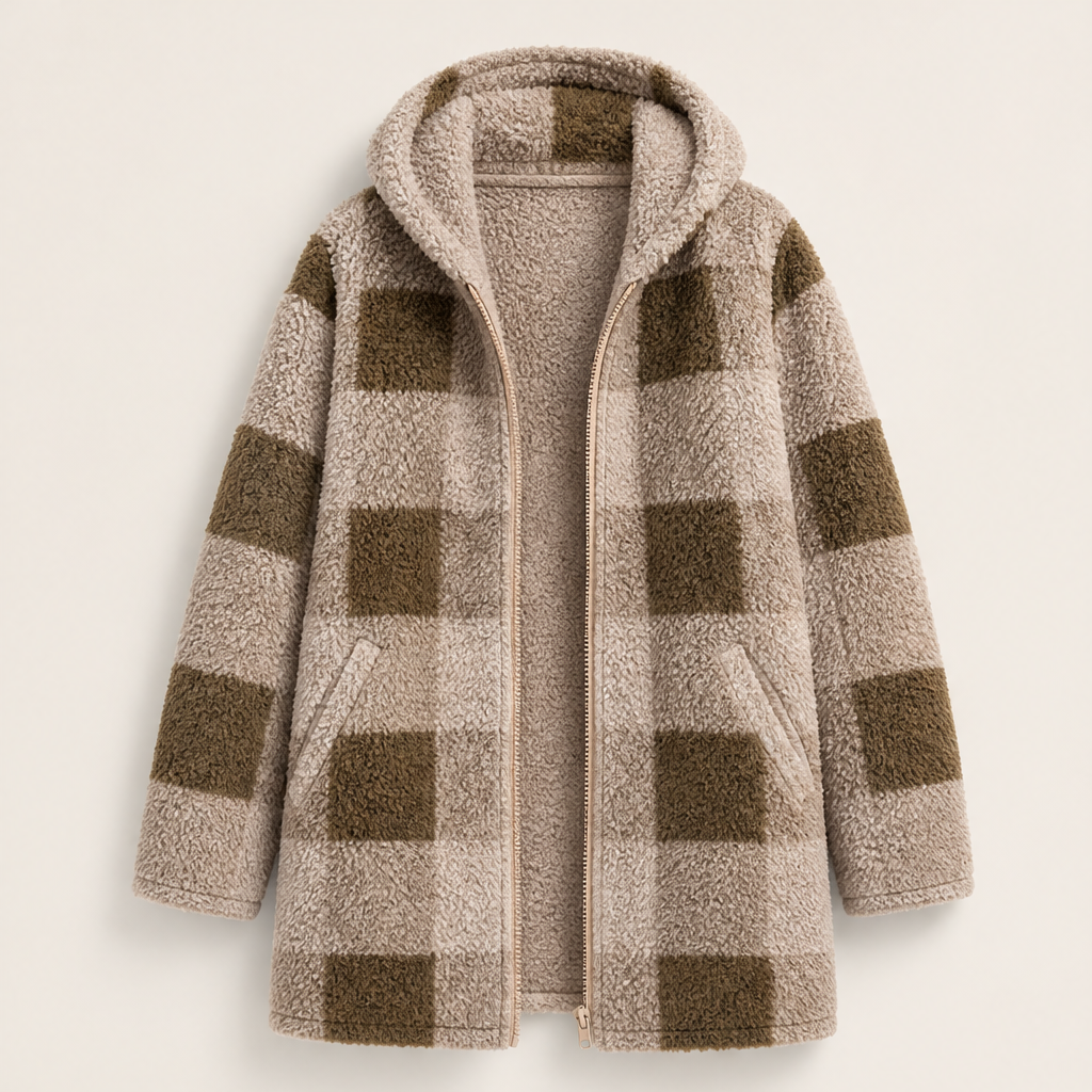 Vellora – Giacca Lunga con Cappuccio Motivo Buffalo Grey