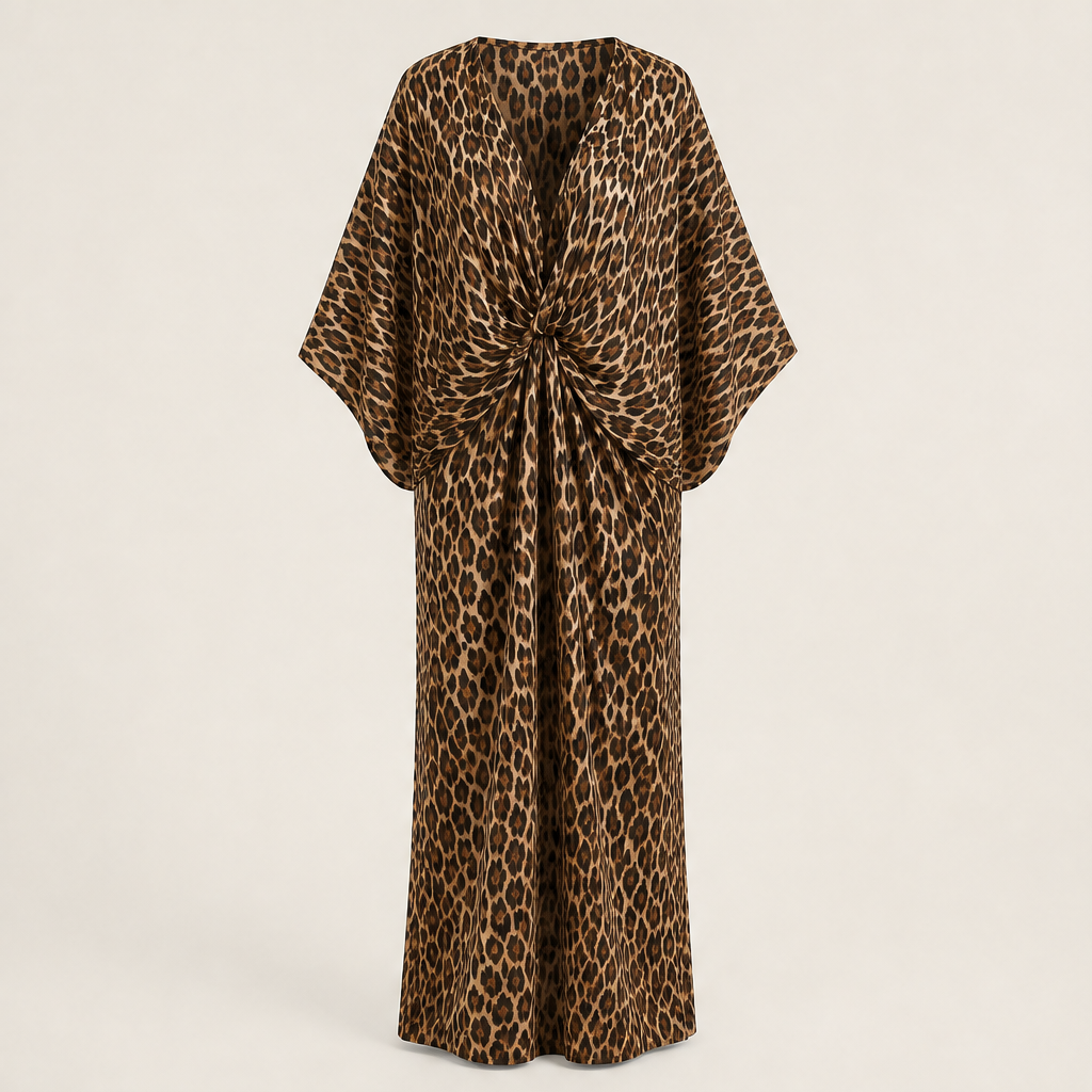 Velluna – Abito Lungo Maculato Maniche a Pipistrello Leopard