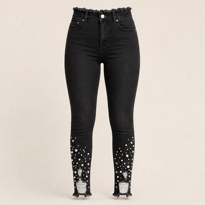 Perlavia – Jeans Skinny con Perle e Orlo Sfrangiato Black