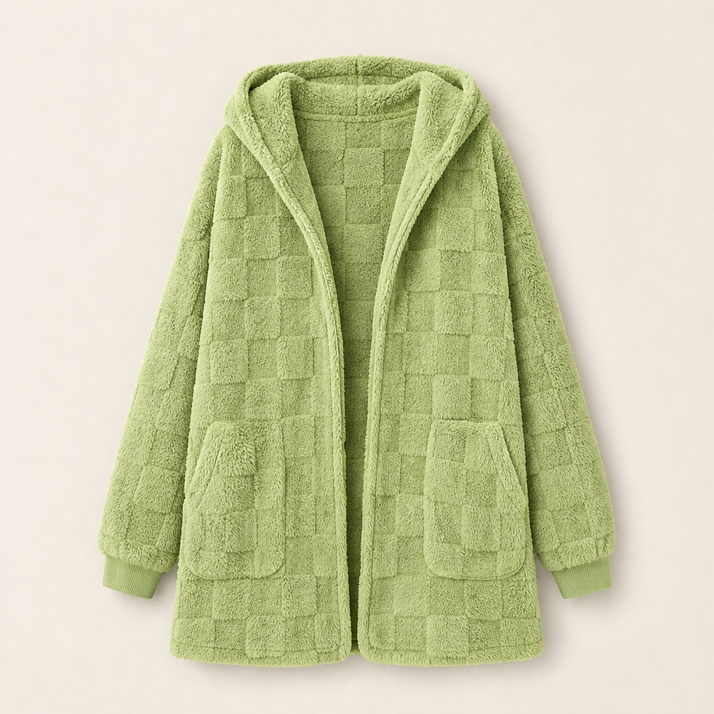 Morvenza – Cardigan Peloso a Quadri con Cappuccio Green
