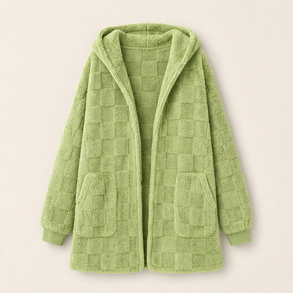 Morvenza – Cardigan Peloso a Quadri con Cappuccio Green
