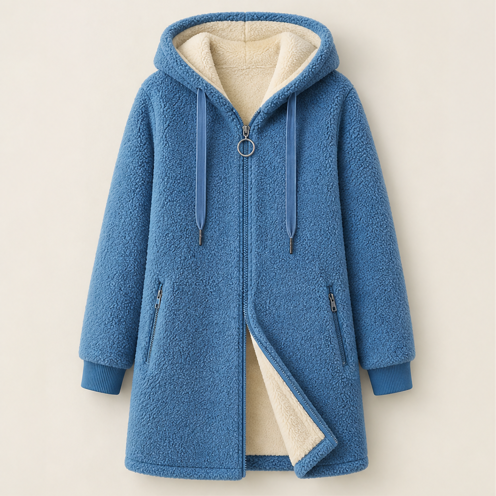 Lanicora – Cappotto in Ecopelliccia Agnello con Cappuccio Blue