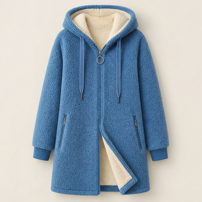 Lanicora – Cappotto in Ecopelliccia Agnello con Cappuccio Blue