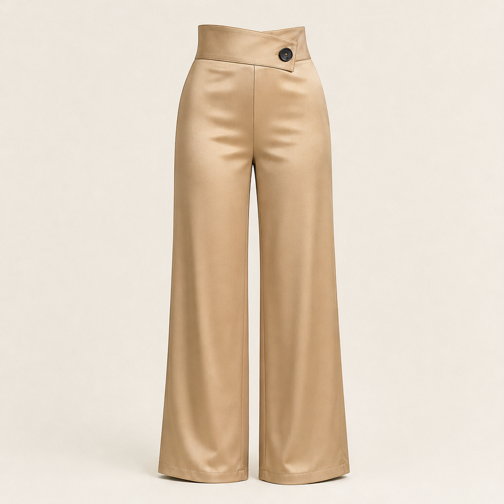 Varonia – Pantaloni Larghi in Raso Vita Asimmetrica Beige