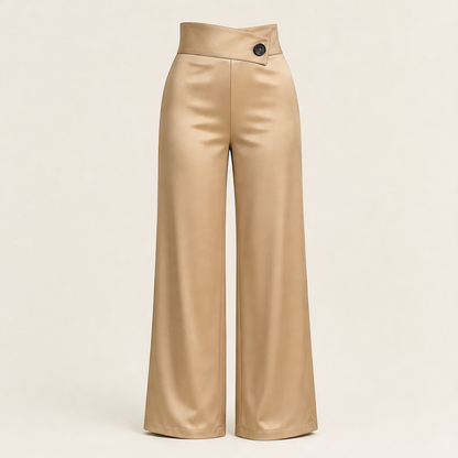 Varonia – Pantaloni Larghi in Raso Vita Asimmetrica Beige