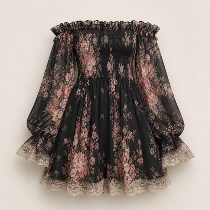 Rosalind Miniabito Donna Floreale in Chiffon con Spalle Scoperte e Corpetto Arricciato - Prendisole Boho con Bordo in Pizzo Floreale Nero