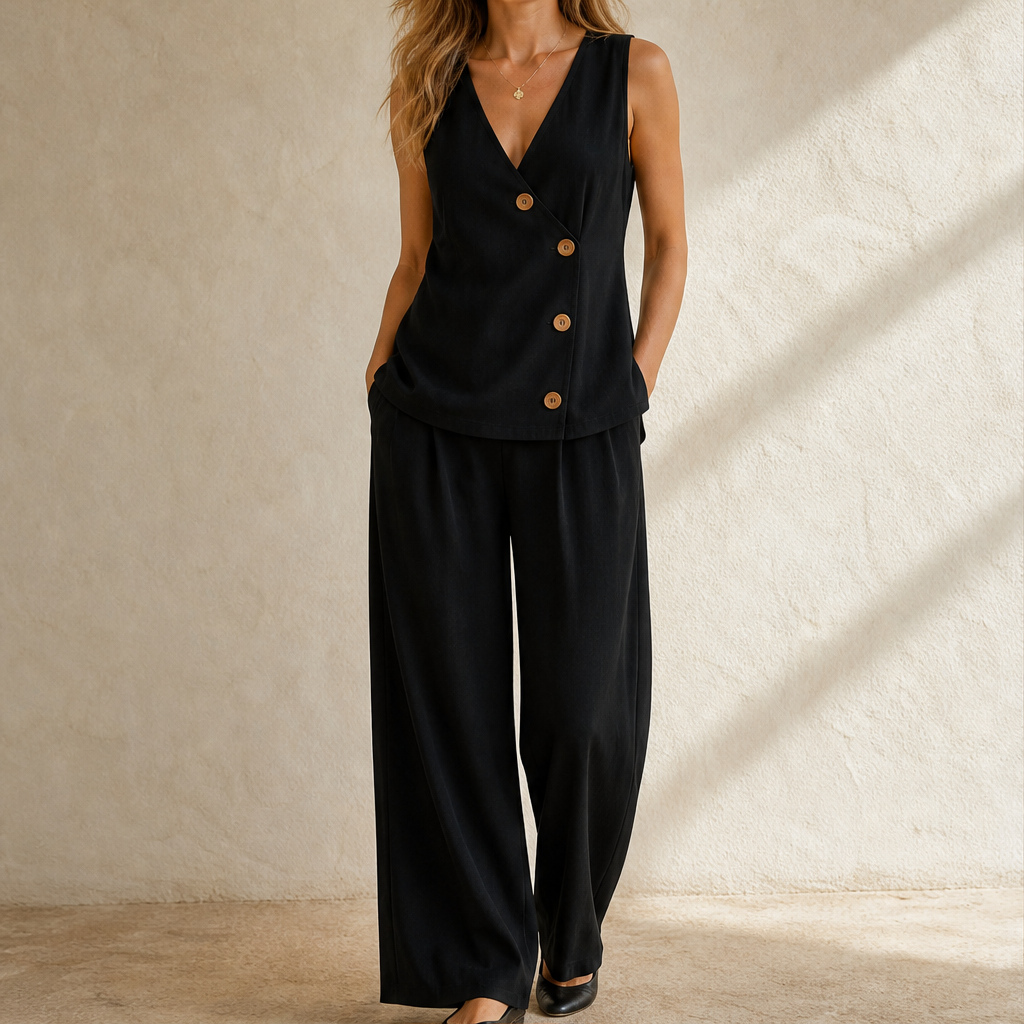 Vienelle – Gilet Smanicato e Pantaloni Completo Due Pezzi Black