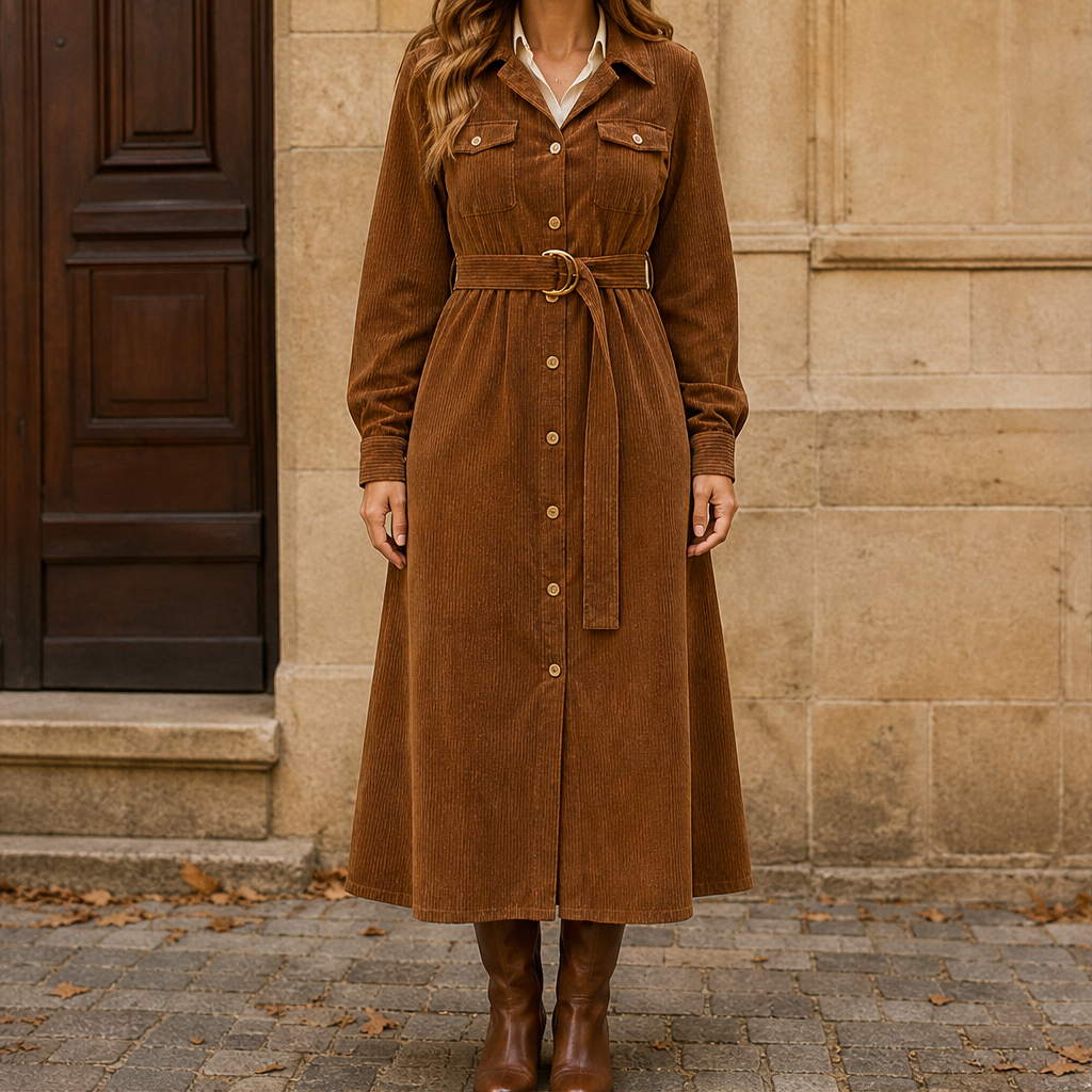 Corvelle – Abito Camicia Midi in Velluto a Coste con Cintura Brown