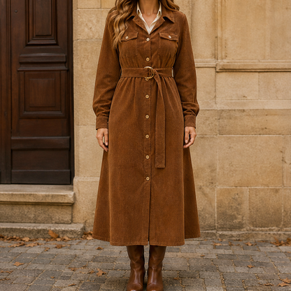 Corvelle – Abito Camicia Midi in Velluto a Coste con Cintura Brown